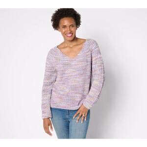 AnyBody Womens V Neck Space Dye Chenille Sweater Size Small Pullover Purple